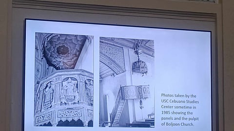 Historian Jose Eleazar "Jobers" Bersales shows photos from the USC Cebuano Studies Center of the panels still attached to the pulpit in 1985, years before it will be stolen.
