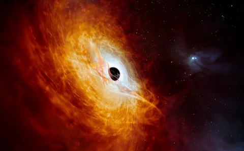 This illustration provided by the European Southern Observatory in February 2024, depicts the record-breaking quasar J059-4351, the bright core of a distant galaxy that is powered by a supermassive black hole. The supermassive black hole, seen here pulling in surrounding matter, has a mass 17 billion times that of the Sun and is growing in mass by the equivalent of another Sun per day, making it the fastest-growing black hole ever known.