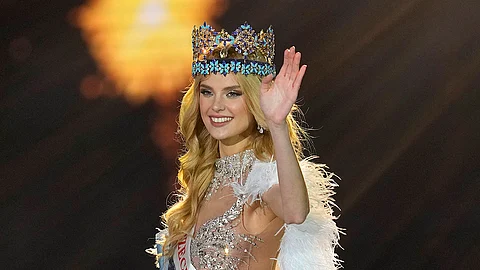 INDIA. Krystyna Pyszková of Czech Republic waves after she was crowned Miss World in Mumbai, India, Saturday, March 9, 2024.