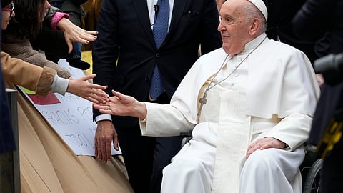 Pope Francis visits the parish church of St. Pius V for the "24 hours for the Lord" Lenten initiative of prayer and reconciliation, in Rome, Friday, March 8, 2024. The event will be celebrated in dioceses around the world on the eve of the fourth Sunday of Lent, from Friday 8 to Saturday 9 March.