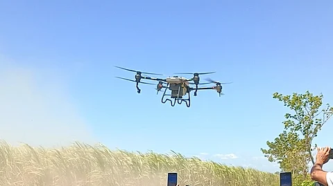 With the use of GPS technology, the 40-liter capacity drone can apply its load evenly in a hectare of farm land in five to eight minutes.