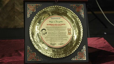 The plaque of recognition for former President Rodrigo Duterte during the 52nd Conferment of Datu Bago Awards 2024, on Wednesday evening, March 13, 2024, at the Arcadia Event Center, Matina, Davao City. Duterte, however, was absent during the event.
