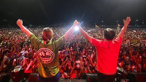 Then presidential and vice presidential candidates Ferdinand "Bongbong" Marcos Jr. and Sara Duterte in a political rally during the 2022 presidential elections.