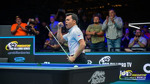 WORLD 10-BALL KING. Carlo Biado of the Philippines celebrates his Predator WPA Men's World 10-Ball championship victory after beating Japanese pool player Naoyuki Oi in a 3-1 set victory at the Rio All-Suite Hotel and Casino in Las Vegas, Nevada, USA on Sunday (Philippine time).