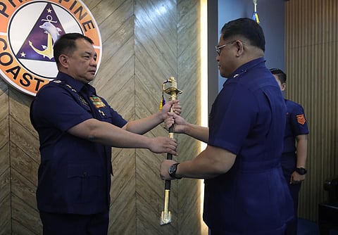 ZAMBOANGA. The Philippine Coast Guard (PCG) consolidates two of its commands to optimize resources and command and control in the Sulu-Celebes maritime domain of the country. A photo handout shows Admiral Ronnie Gil Gavan, PCG commandant (left), installing Commodore Marco Antonio Gines, who holds the post of concurrent commander of Coast Guard District Southwestern Mindanao, as the commander of Coast Guard District-Bangsamoro Autonomous Region in Muslim Mindanao in a ceremony at the PCG headquarters on Thursday, March 28, 2024.