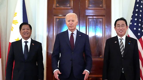 TRILATERAL MEETING. U.S. President Joe Biden (center), President Ferdinand Marcos Jr. (left) and Japanese Prime Minister Fumio Kishida pose before a trilateral meeting in the East Room of the White House in Washington on Thursday, April 11, 2024. / AP
