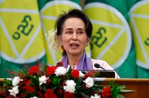 Myanmar's then leader Aung San Suu Kyi delivers a speech during a meeting on implementation of Myanmar Education Development in Naypyidaw, Myanmar, Jan. 28, 2020. Myanmar’s military says Suu Kyi has been moved from prison to house arrest as health measure due to a heat wave.