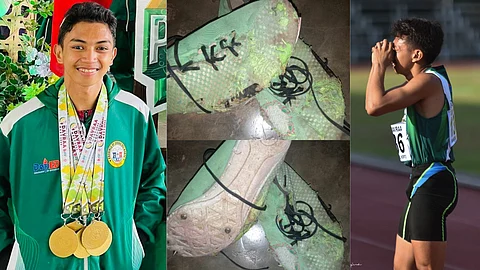 OUTPOURING OF SUPPORT. Following the viral post by his coach Beverly Villarino on Saturday, April 6, about his unique "FrankenSpikes," sponsors offering new sets of spike shoes and rubber shoes, along with full athletic scholarships, are rallying behind Davao del Norte’s gold medalist Lorenz “The Flash” Datiles, the rising track star of the 2024 Davao Region Athletic Association (Davraa) Meet. He clinched five gold medals in the recently concluded Davraa Meet 2024 athletics competition.