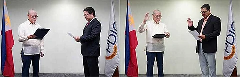 Bangko Sentral ng Pilipinas (BSP) Governor Eli M. Remolona, Jr, also Chairperson of the Philippine Deposit Insurance Corporation (PDIC), administers the oaths of office of Mr. John Mark Frondoso (left) and Dr. Luis Rey Velasco (right), who were appointed as new Directors of the PDIC representing the private sector and to serve at the PDIC Board until November 16, 2028. Directors Frondoso and Velasco took their oath of office at the PDIC Chino Building in Makati City on April 16, 2024.