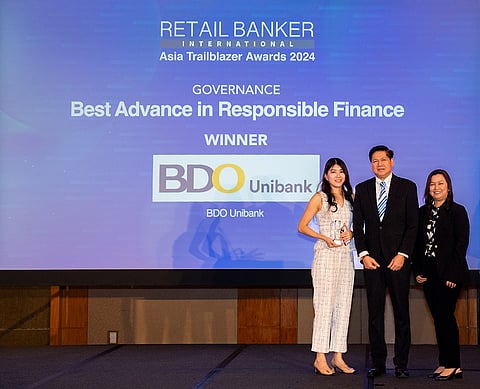 (From Left) Candice Lee, BDO Singapore’s Institutional Banking Group Relationship Manager, Rosano Marpuri, BDO Singapore’s First Vice President and Head of HR & Accounting, and Maria Lennie Vergara, BDO Singapore’s Compliance Head received BDO’s Best Advance in Responsible Finance Award at the Retail Banker International Asia Trailblazer Awards in Singapore.