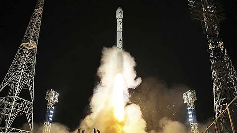 NORTH KOREA. This photo provided by the North Korean government shows what the country said is the launch of the Malligyong-1, a military spy satellite, into orbit on November 21, 2023.