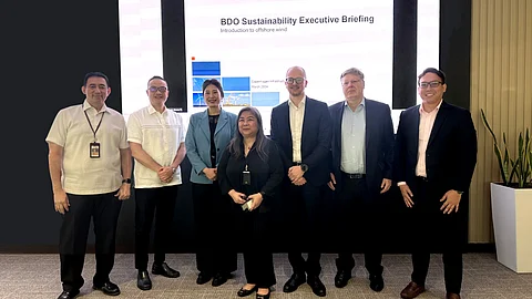Atty. Federico Tancongco (left), Senior Vice President and Chief Compliance Officer of BDO Unibank Inc. and Marla Garin-Alvarez (center), Vice President and Head of Sustainability Office of BDO Unibank Inc. organized BDO’s Sustainability Executive Briefing on offshore wind. Joining them are (From L-R) Joseph Albert Gotuaco, Senior Executive Vice President and Head of Central Operations Group of BDO Unibank Inc.; Copenhagen Infrastructure Partners (CIP) speakers Marina Hsu, CISC Regional Managing Director for Taiwan, Vietnam and the Philippines; Jesper Krarup Holst, CIP Senior Vice President and Co-CEO for COP Philippines; Pierre Martignoli, CIP Head of Capital Markets and Francis Daba, CIP Business Development Director for the Philippines.