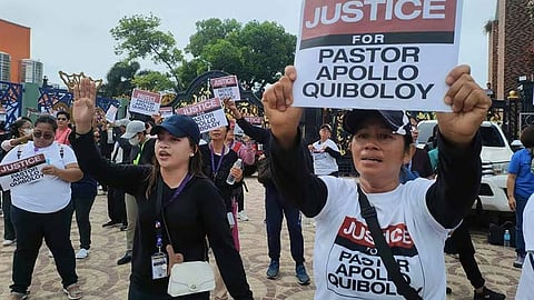 'PASTOR APPOLO C. QUIBOLOY, INNOCENT!' Members and workers of the Kingdom of Jesus Christ (KOJC), led by embattled Pastor Apollo Quiboloy, gathered outside the KOJC compound in Davao City on Monday morning, June 10, to show support for their leader facing sexual and human trafficking charges.