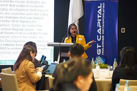 Joyce Baldueza-de Leon, Chief Risk Officer and Head of Sustainability for GT Capital, welcomes representatives from the private sector during the CarbonPH meeting. Her address highlighted the crucial role of corporate stakeholders in advancing sustainability initiatives and tackling climate change.