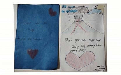 SHOW OF APPRECIATION. Two of the “thank you” cards received by social workers of the Department of Social Welfare and Development (DSWD) from children staying in one of the evacuation centers in La Castellana, Negros Occidental, the local government unit worst-hit by the eruption of Mt. Kanlaon on June 3, 2024. May Rago-Castillo, information officer of DSWD 6 (Western Visayas) said on Wednesday (June 12, 2024) that the presence of social workers in disaster response is very important. (Photo courtesy of DSWD-6)