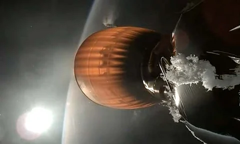 This image from video provided by SpaceX shows the upper stage engine of a SpaceX Falcon 9 rocket, which blasted off from California on Thursday, July 11, 2024. The rocket, carrying 20 Starlink satellites, malfunctioned during the blast, leaving the company’s internet satellites in a precariously low orbit.