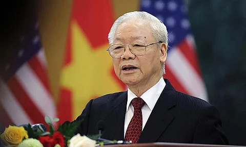 Vietnamese General Secretary of the Communist Party Nguyen Phu Trong addresses the media in Hanoi, Vietnam, on Sept. 10, 2023. The powerful head of Vietnam’s ruling Communist Party, has died, official media say on Friday, July 19, 2024.