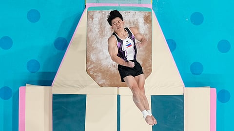 FINALS-BOUND. Carlos Edriel Yulo of the Philippines performs on the vault during a men's artistic gymnastics qualification round at the 2024 Summer Olympics, Saturday, July 27, 2024, in Paris, France.