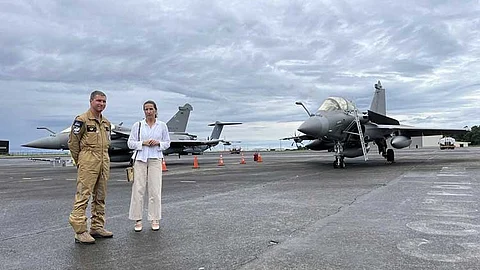 PAMPANGA. Brigadier General Guillaume Thomas (left) and French Ambassador to Manila Marie Fontanel stand in front of French-made Rafale fighter jets as an annual French air force mission called Pagase takes place at Clark air base, in Pampanga Province, north of Manila, Philippines, Sunday, July 28, 2024.