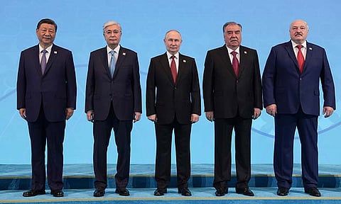 From left: Chinese President Xi Jinping, Kazakh President Kassym-Jomart Tokayev, Russian President Vladimir Putin, Tajik President Emomali Rahmon and Belarusian President Alexander Lukashenko pose for a photo at the Shanghai Cooperation Organisation (SCO) states leaders' summit in Astana, Kazakhstan, Thursday, July 4, 2024.