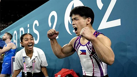 PARIS. Carlos Edriel Yulo, of the Philippines, celebrates after competing during the men's artistic gymnasticvs individual floor finals at Bercy Arena at the 2024 Summer Olympics Saturday, August 3, 2024, in Paris, France.