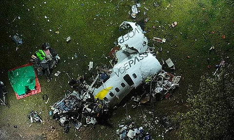 The debris at the site where an airplane crashed with 61 people on board, in Vinhedo, Sao Paulo state, Brazil, early on Saturday, Aug. 10, 2024. Brazilian authorities are working to piece together what exactly caused the plane crash in Sao Paulo state the previous day, killing all 61 people aboard.