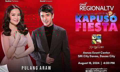 Kapusong Dabawenyos are set to celebrate this year’s Kadayawan Festival with an extra dose of fun and kilig as GMA Regional TV brings to Davao Barbie Forteza and David Licauco of the most important Philippine TV series of 2024, "Pulang Araw," this Sunday, August 18.