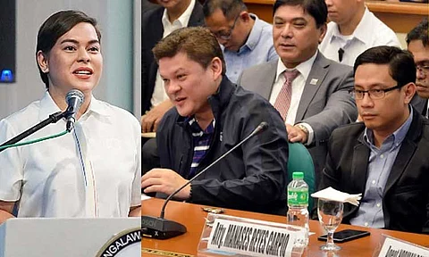 Vice President Sara Duterte (left); Then-Davao City Vice Mayor and current First District Representative Paolo Duterte and his brother-in-law, Atty. Manases Carpio, appeared before the Senate inquiry into the P6.4-billion worth of shabu smuggled from China in 2018.