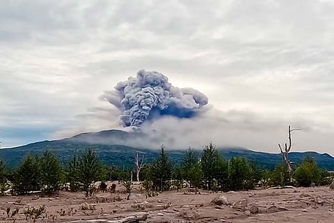 In this photo taken from AP video, provided by by the Institute of Volcanology and Seismology of the Far Eastern Branch of the Russian Academy of Sciences on Sunday, Aug. 18, 2024, the eruption of the Shiveluch volcano is seen in Kamchatka Peninsula, about 500 km (310 miles) north to Petropavlovsk-Kamchatsky, Russia.