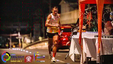 HOKA 21K KING. Elmer Bartolo of Calinan, Davao City races to the finish, clinching the men’s 21K title of the Hoka Trilogy Run Asia Davao Leg 2, held in an out-and-back course from the Azuela Cove in Lanang on Sunday morning, August 25, 2024.