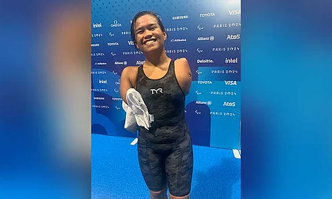 SIXTH-PLACE. Photo shows Angel Mae Otom of the Philippines during Heat 2 of the women's 50-meter backstroke S5 of the 17th Paralympic Games in Paris. She finished sixth in the finals held early Wednesday morning, September 4, 2024 (Philippine time)