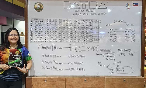 AUGUST CHAMP. Emiliza "Emz" Yap Salvador displays her champion’s trophy after topping the Davao Tenpin Bowlers Association (Datba) Monthly Finals Tournament for August 2024 at the SM Lanang bowling center recently.