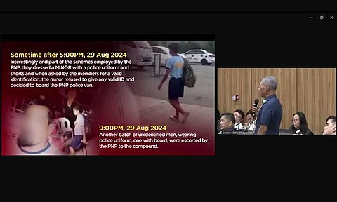 Video screenshot of the Senate hearing on September 6, 2024, in Davao City, where Police Regional Office-Davao Director BGen. Nicolas Torre III admitted authorizing the use of police uniforms to civilians during operations inside the Kingdom of Jesus Christ (KOJC) compound.