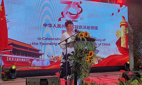 Chinese Consul General Zhao Xiuzhen delivers her speech during the 75th anniversary of its nation's founding in Davao City on Monday evening, September 16, at the SMX Convention Center.