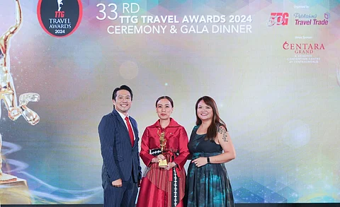 TPB Chief Operating Officer Marga Nograles proudly holds the Best National Tourism Organization trophy at the 33rd Annual TTG Travel Awards 2024, held at Centara Grand & Bangkok Convention Centre, Bangkok.