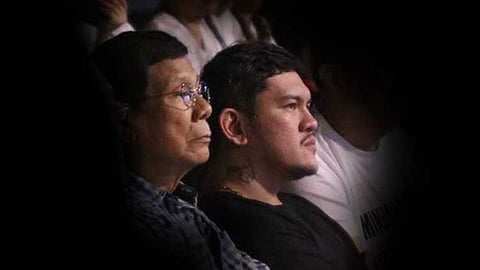 Former President Rodrigo Duterte and Davao City Mayor Sebastian Duterte seated together during the prayer rally against people's initiative on charter change on January 28, 2024.