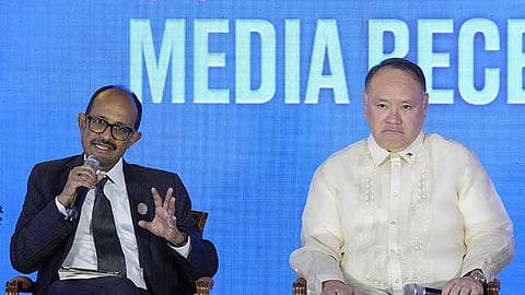 MANILA. UN Assistant Secretary-General Kamal Kishore (left) gestures beside Philippine Defense Secretary Gilberto Teodoro Jr. as he speaks at the Asia-Pacific Ministerial Conference on Disaster Risk Reduction, Monday, October 14, 2024, in Manila, Philippines.