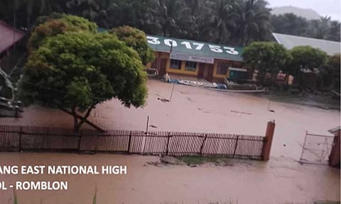 FLOODED. The Lumbang East National High School is inundated by floods due to heavy rains in Romblon province amid the onslaught of Severe Tropical Storm Kristine (Trami) on Wednesday (Oct. 23, 2024). The Department of Education (DepEd) said around 18,645,544 learners in 35,973 schools are affected nationwide due to the storm. (Photo courtesy of DepEd)