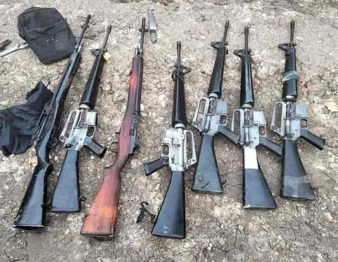 ZAMBOANGA. Troops of the Army’s 34th Infantry Battalion capture 24 lawless elements, three of them wounded, following a 30-minute clash on Thursday, October 24, in Barangay Bagolibas, Aleosan, North Cotabato. A photo handout shows the high-powered firearms the troops have seized from the captured lawless elements.