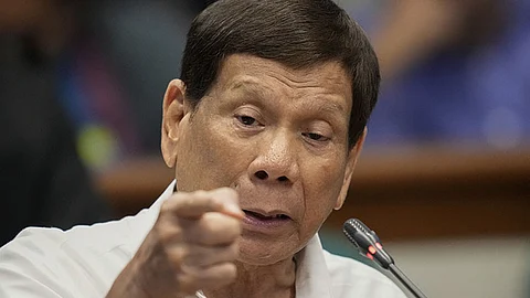 MANILA. Former President Rodrigo Duterte speaks during a Senate inquiry on the so-called war on drugs during his administration at the Philippine Senate Monday, October 28, 2024, in Manila, Philippines.