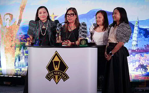 Receiving the Gold Stevie for Metrobank are (from left): Metrobank Brand Development officer Bea Oliveros-Olba, Metrobank Corporate Affairs head Estela Calderon, Metrobank PR and Corporate Communications head Ann Gregorio, Metrobank Corporate Affairs officer Micah Alvarez. (Contributed photo)