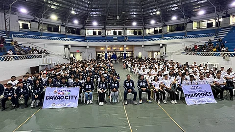 SEND-OFF. Vice Mayor Melchor Quitain Jr. and Sports Development Division of the City Mayor's Office (SDD-CMO) officer-in-charge Mikey Aportadera lead the send-off ceremony for Davao City delegations to the Batang Pinoy National Championships 2024 and the 11th BIMP-Eaga+NT Friendship Games 2024 held on Monday morning, November 18, 2024, at the Almendras Gym Davao City Recreation Center.
