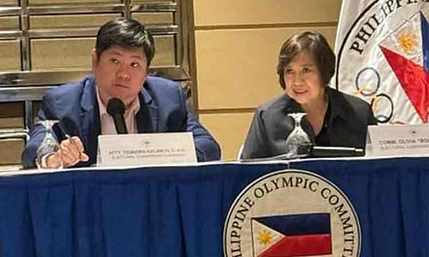 PETITIONS. Philippine Olympic Committee (POC) election committee chair Atty. Teodoro Alejandro Kalaw IV, left, and committee member, Philippine Sports Commission commissioner Olivia “Bong” Coo hear petitions from two sides during a clarificatory procedure at the Century Park Hotel on Tuesday morning, November 19, 2024.