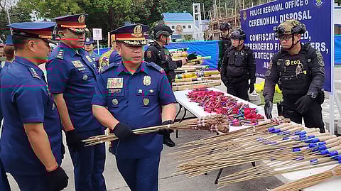 ILOILO. Police Brigadier General Jack Wanky (center) of the Police Regional Office in Western Visayas (PRO 6) supervises the ceremonial disposal of confiscated firecrackers, pyrotechnic devices, and "boga" at Camp General Martin Teofilo B. Delgado, Iloilo City, emphasizing public safety and adherence to the law as part of the New Year’s celebration.
