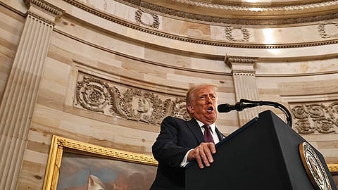 President Donald Trump speaks during the 60th Presidential Inauguration in the Rotunda of the U.S. Capitol in Washington, Monday, Jan. 20, 2025.