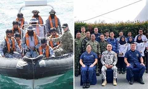 TRAINING. A training team (left photo) prepares to approach a larger vessel for practice boarding in the Davao Gulf. (Right photo) United States Coast Guard Commander Christine Igisomar (left), PCG District Southeastern Mindanao Commander Commodore Rejard Marfe (center) and USCG Team Lead Lt. Dana Schmitt (right) pose for a group photo with participants during the opening ceremony of the Boarding Officer Course in Davao City. The course was held from Jan. 13 to 24, 2025. (Photo courtesy of US Embassy)