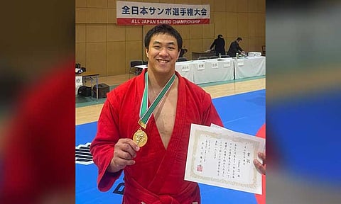 SAMBO CHAMPION. Davao City's Chino Sy Tancontian celebrates his men's +98 kg gold medal for the Philippines at the 51st All Japan Sambo Championships and Japan 2025 International Competition on Sunday, February 2, 2025, at the Sumida-ku Sogo Gymnasium in Tokyo.