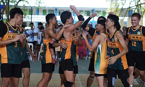 THREE-PEAT. Davao City National High School (DCNHS) spikers celebrate their third straight championship for Unit 1 after securing a 25-14, 25-11, 25-14 victory over Unit 6-Assumption College of Davao (ACD) in the secondary boys volleyball finals of the Davao City Athletic Association (Dcaa) Meet 2025 held on Friday, February 7, at the DCNHS covered court.