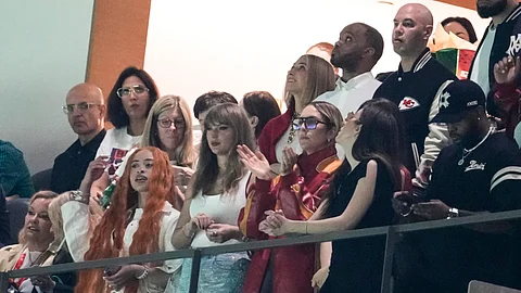 Ice Spice, from left, Taylor Swift, Este Haim, Alana Haim and Ashley Avignone, back center, watch during the first half of the NFL Super Bowl 59 football game between the Kansas City Chiefs and the Philadelphia Eagles, Sunday, February 9, 2025, in New Orleans. (AP)