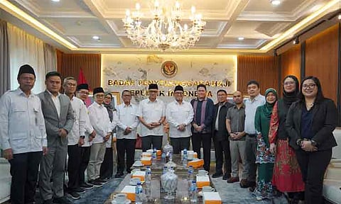 NCMF delegates, accompanied by Philippine Embassy in Jakarta Chargé d'Affaires Gonaranao B. Musor (seventh from right), meets with officials of the Indonesian government’s Hajj Organizing Agency (Badan Penyelenggara Haji) to discuss cooperation on the annual Hajj management on February 10, 2025 in Jakarta, Indonesia.